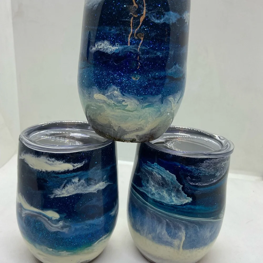 3 handcrafted epoxy dipped wine tumblers